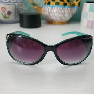 Black Sunglasses Teal Rhinestone Details